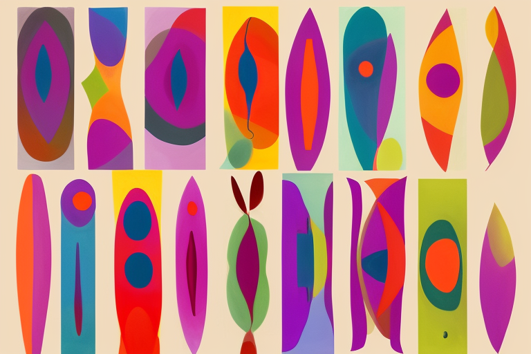 An abstract artwort with organic shapes in bold, colorful hues, that give off a whimsical vibe