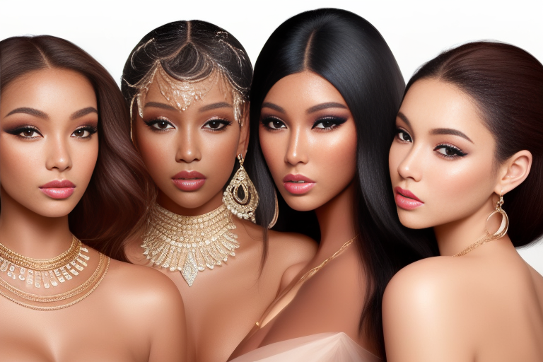 A beauty ad with diverse models of different skin tones and body types, each wearing different makeup looks, hairstyles and jewelry